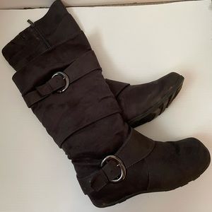 Gray Buckled Knee High Boots